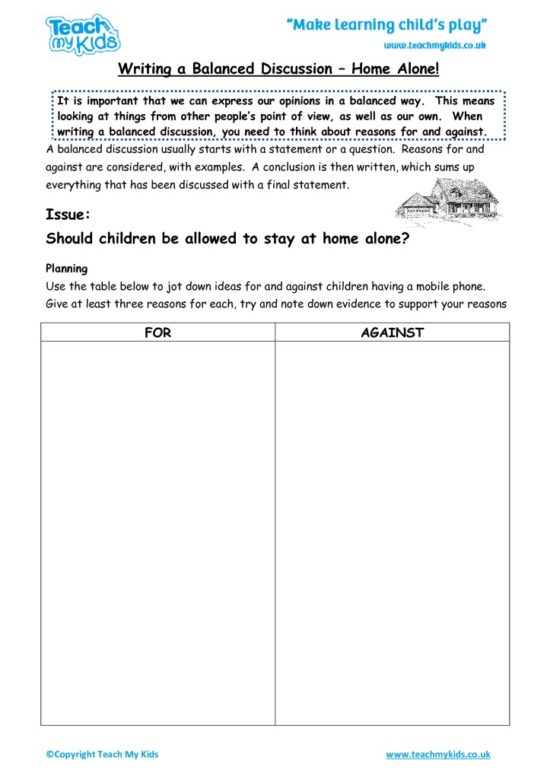 Worksheets for kids - writing a balanced discussion – home alone